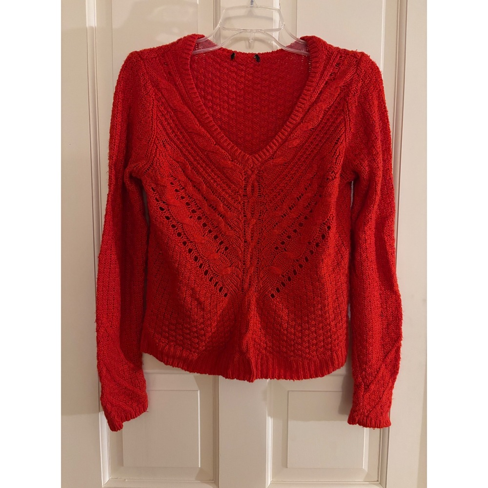 H&M Womens Red Cable Knit V-Neck Sweater Pointellet Chunky Long Sleeve